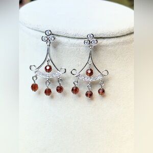 1928 Silver Tone Chandelier Earrings Red Crystal Drops Vintage Style